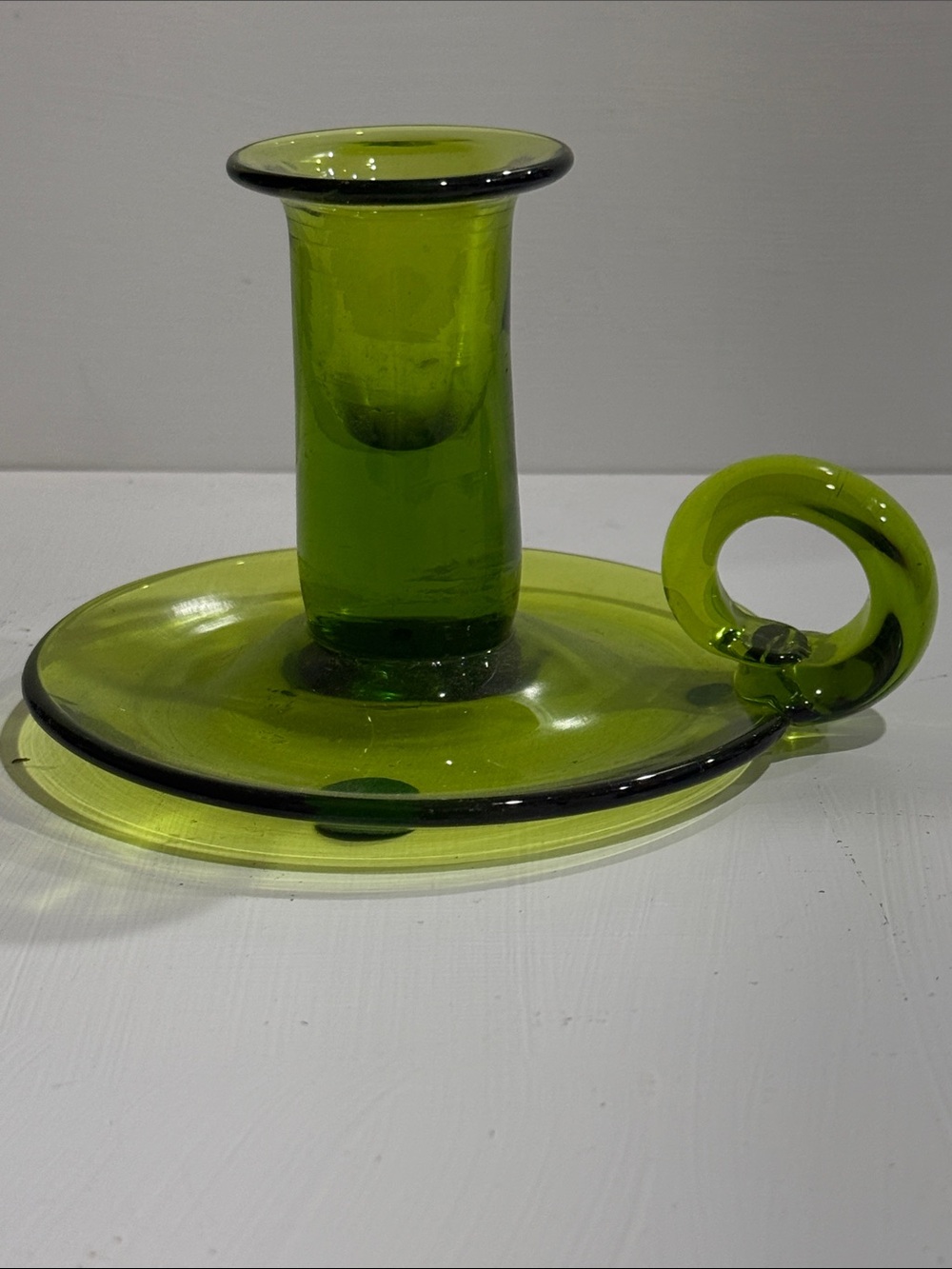 Jamestown Colonial Green Glass Chamberstick Candlestick Holder vintage